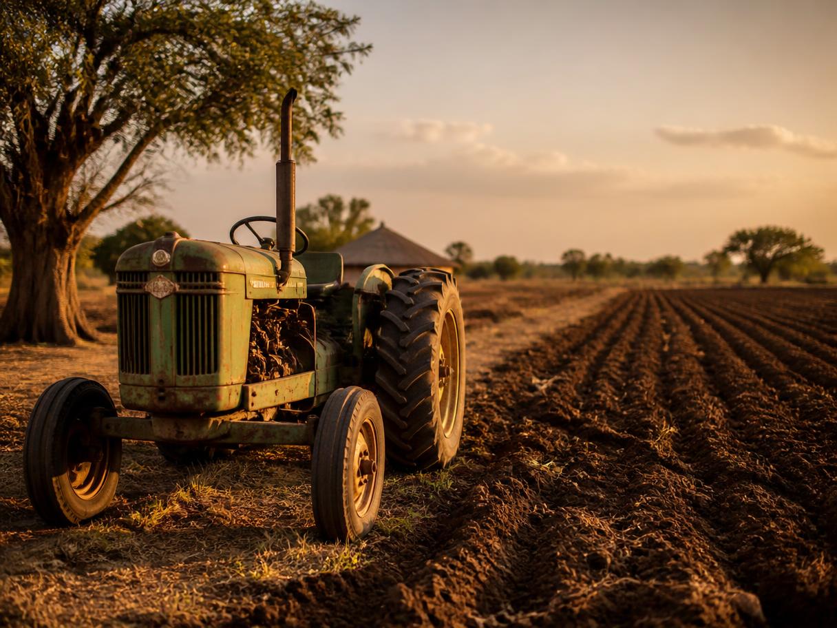 A vintage green tractor beside freshly plowed brown furrows at golden hour